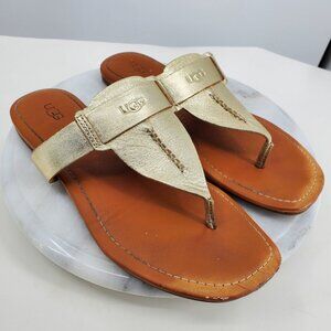 Ugg Gaila Gold Metallic Shimmer Embossed Logo Flip Flop Sandals Size 10